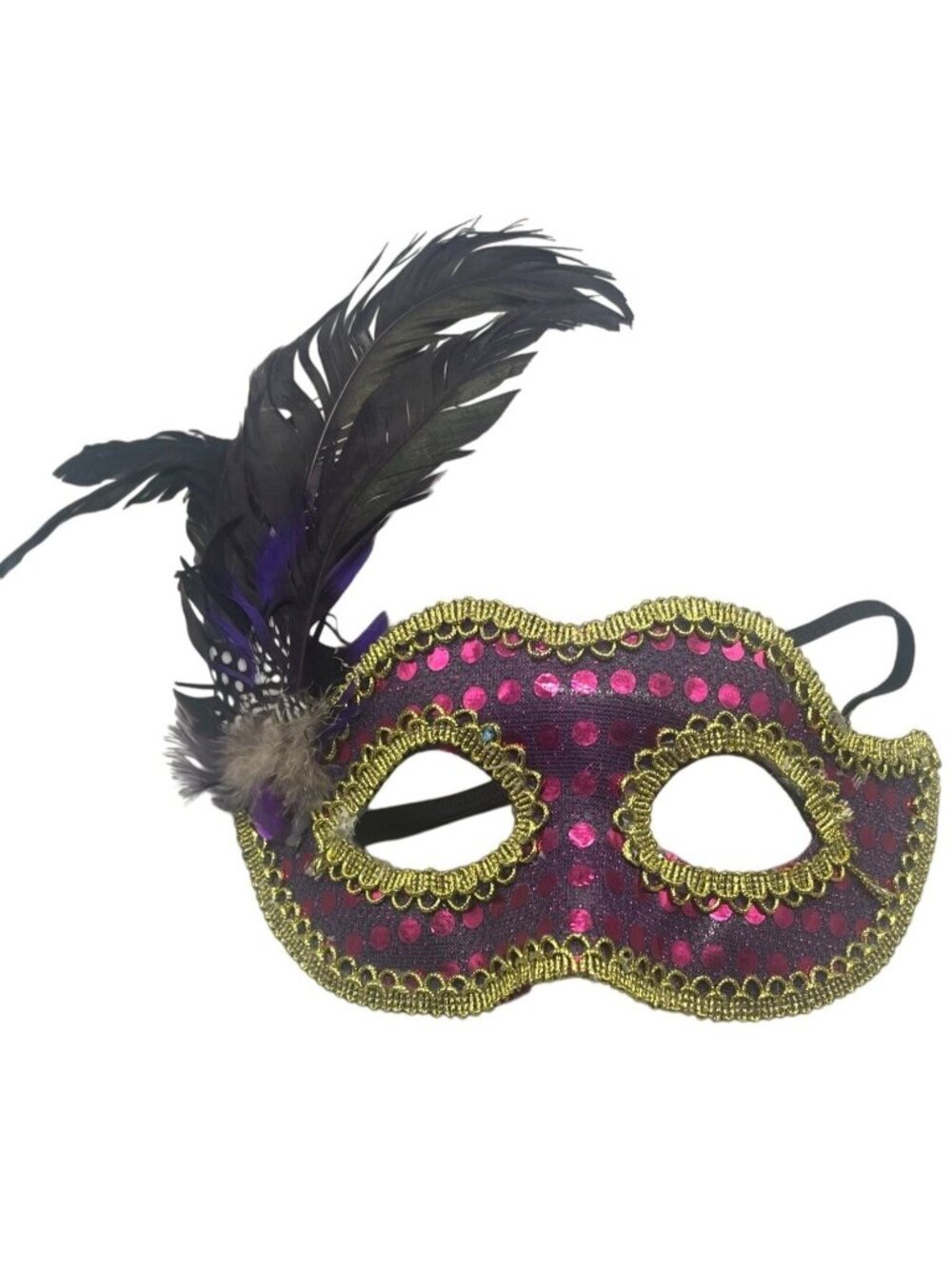Halloween Masquerade Mask costume pink sequin embellished gold trim feather READ